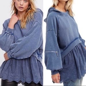 Free People Blue Sweet Streets Hoodie Layered Casual Lace Hooded Sweatshirt